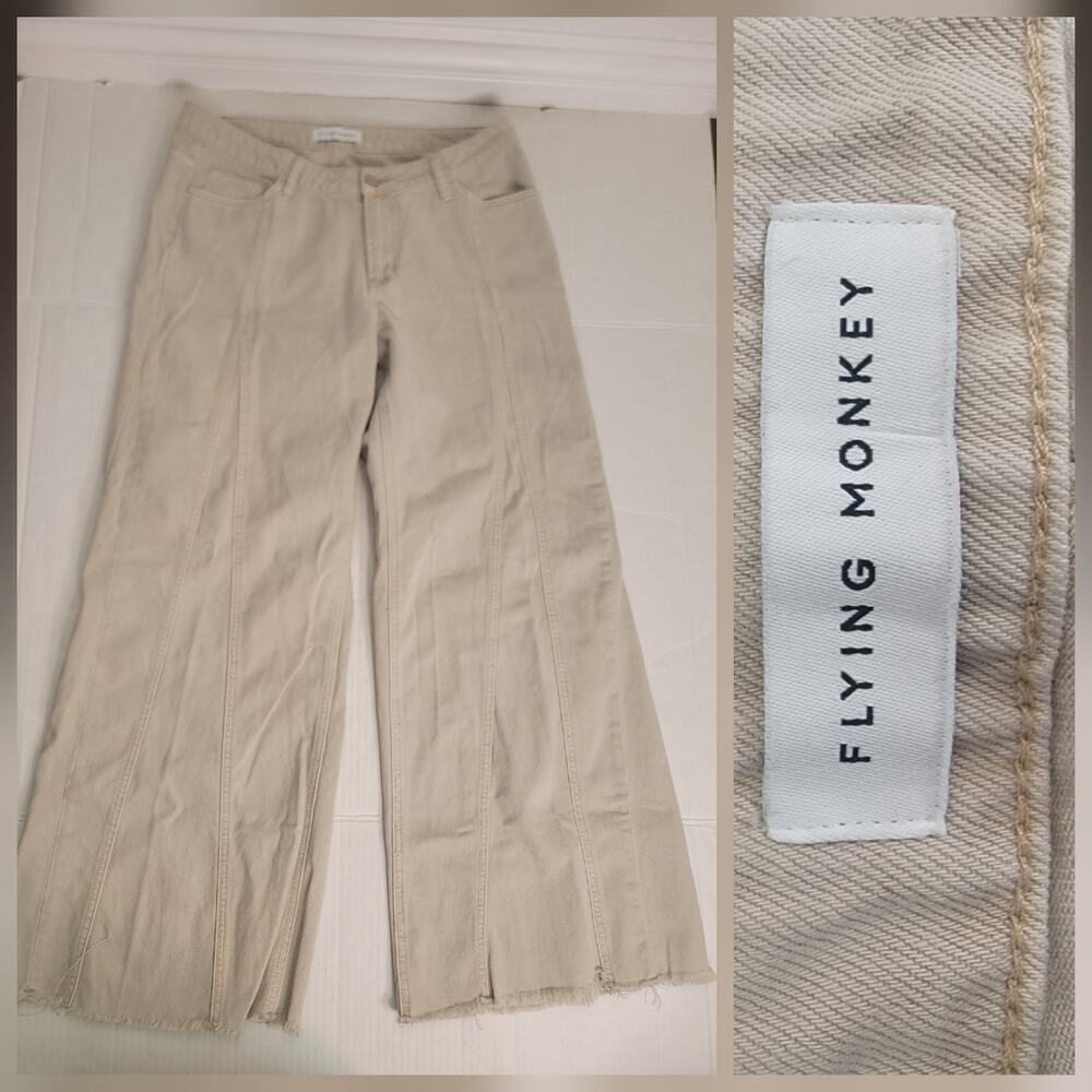 Flying Monkey Jeans Womens SZ 31 Baggy Low Rise Wide Leg Beige Raw Hem